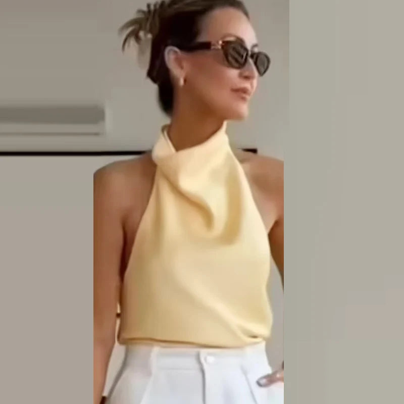 Women Satin Halter Top Summer Black Yellow Tanks & Camis Off Shoulder Crop Tank Top Fashion Sleeveless Backless Vests