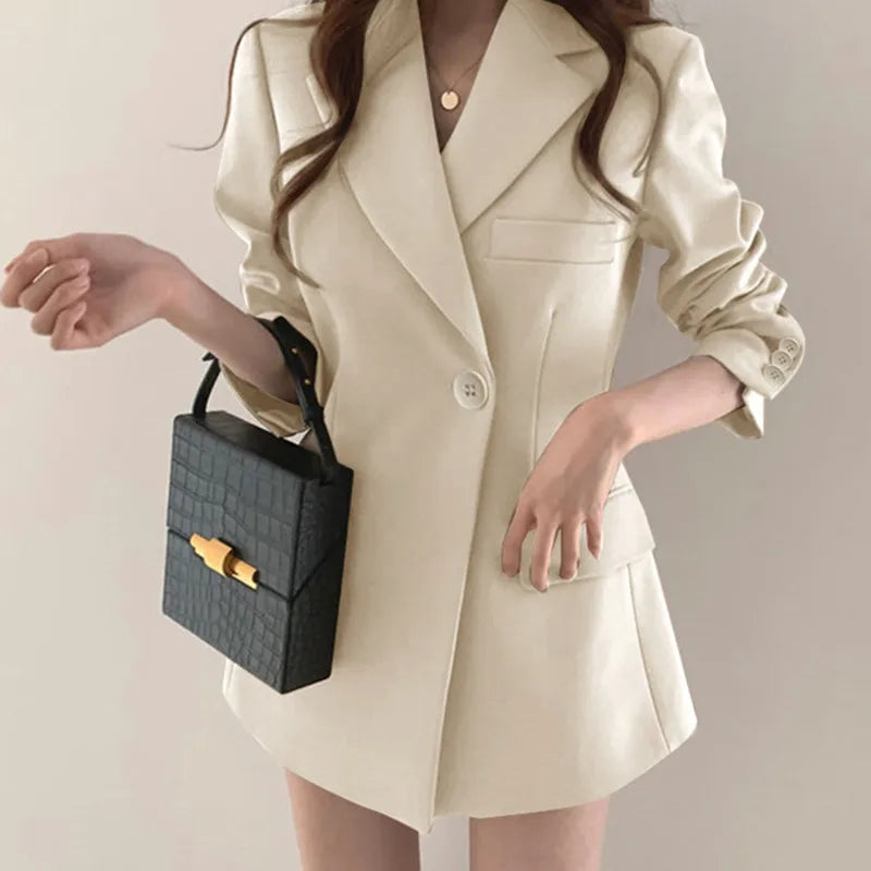 Casual Office Lady Blazer Coat Fall Single Button Pocket Long Sleeve Suits Tops Female Solid Elegant Jacker Coats