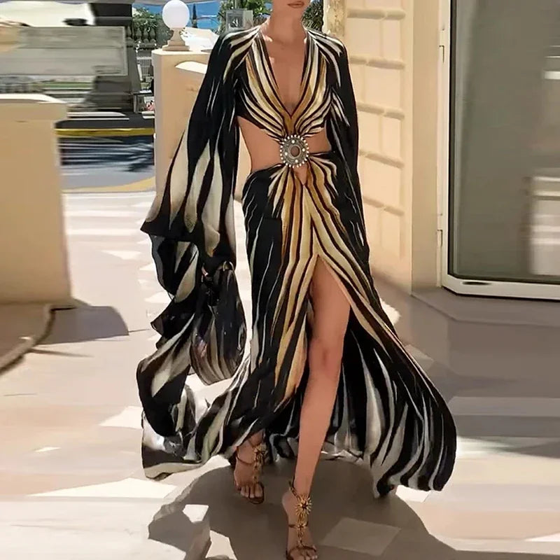 Boho Style Striped Print Split Maxi Dress Woman Sexy V Neck Hollow Party Long Dresses Summer Flare Sleeve Backless Holiday Dress